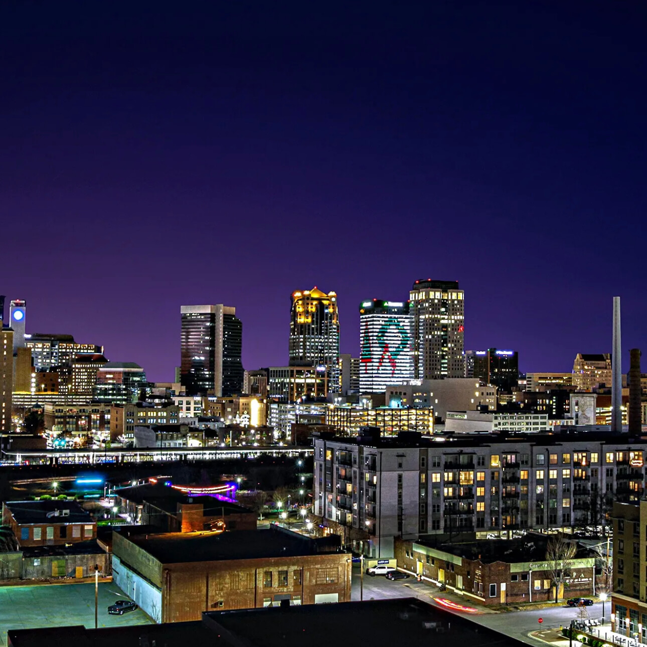 Night Downtown Birmingham skyline holidays