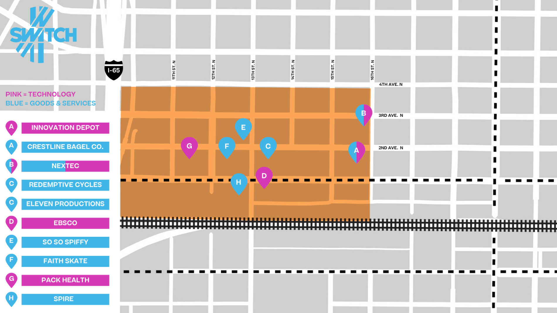 Map of The Switch district including technology-focused businesses and goods and services providers